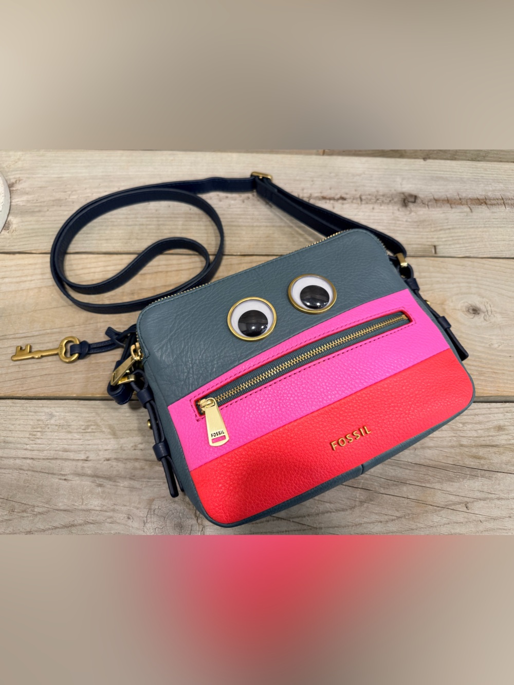 Fossil Piper Bot Toaster Googly Eye Bag Teal Pink Coral Crossbody